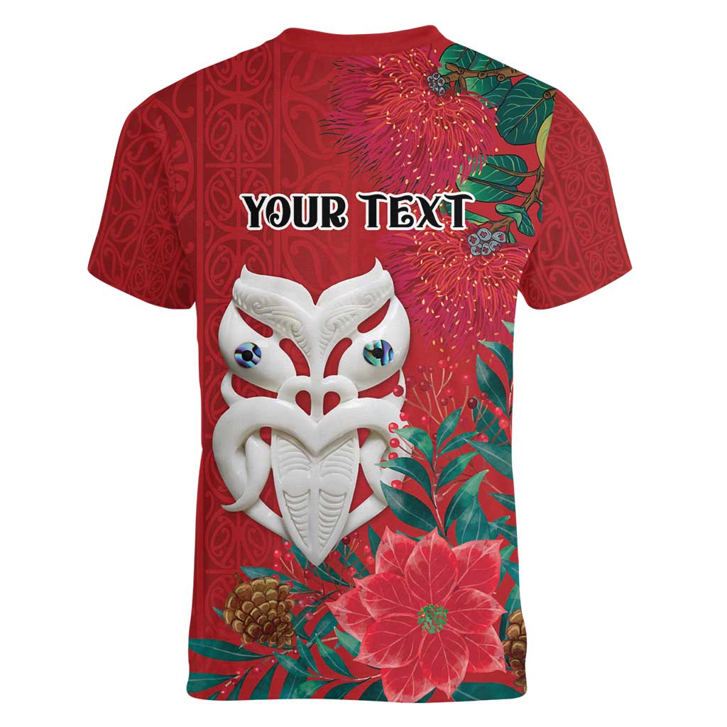 Maori Wheku Meri Kirihimete Personalised Women V-Neck T-Shirt All Red Indigenous Maori Motif - Aussie Hoodie