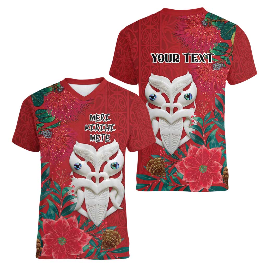 Maori Wheku Meri Kirihimete Personalised Women V-Neck T-Shirt All Red Indigenous Maori Motif - Aussie Hoodie