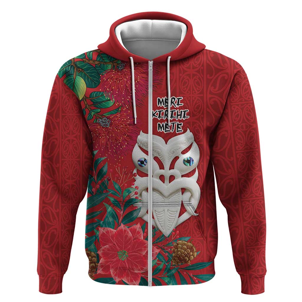 Maori Wheku Meri Kirihimete Personalised Zip Hoodie All Red Indigenous Maori Motif - Aussie Hoodie