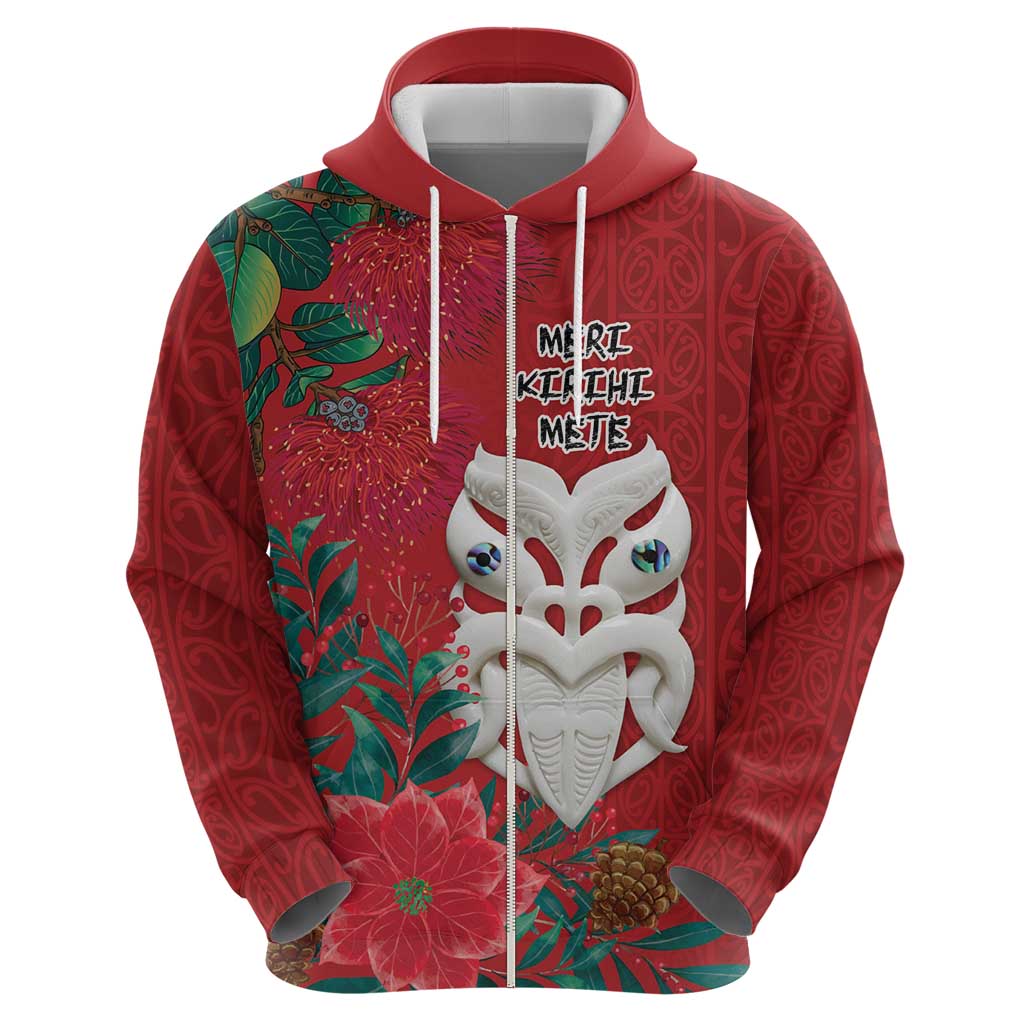 Maori Wheku Meri Kirihimete Personalised Zip Hoodie All Red Indigenous Maori Motif - Aussie Hoodie