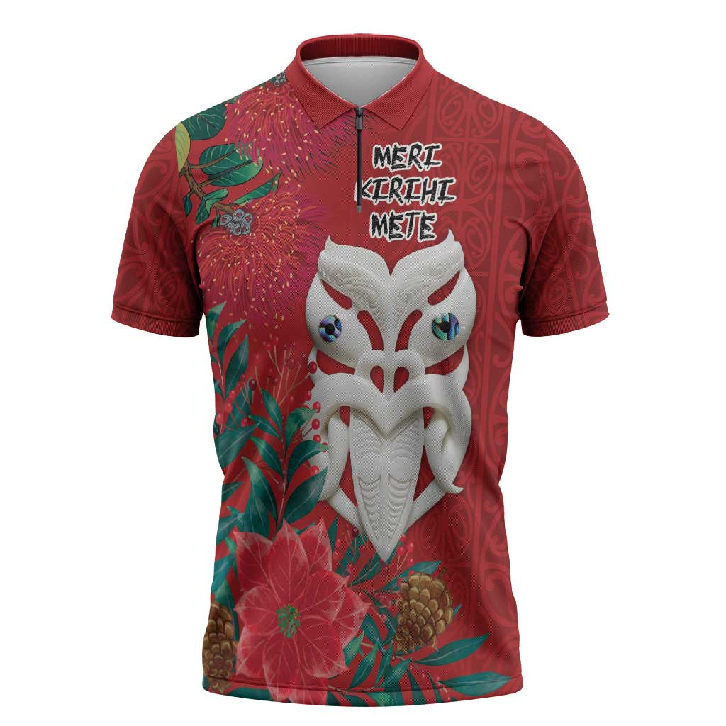 Maori Wheku Meri Kirihimete Personalised Zipper Polo Shirt All Red Indigenous Maori Motif - Aussie Hoodie