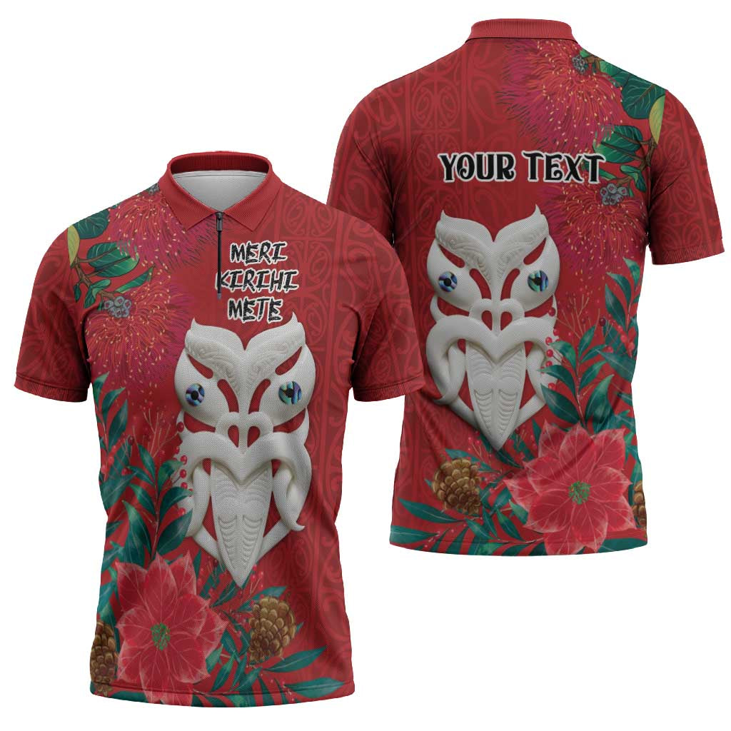 Maori Wheku Meri Kirihimete Personalised Zipper Polo Shirt All Red Indigenous Maori Motif - Aussie Hoodie