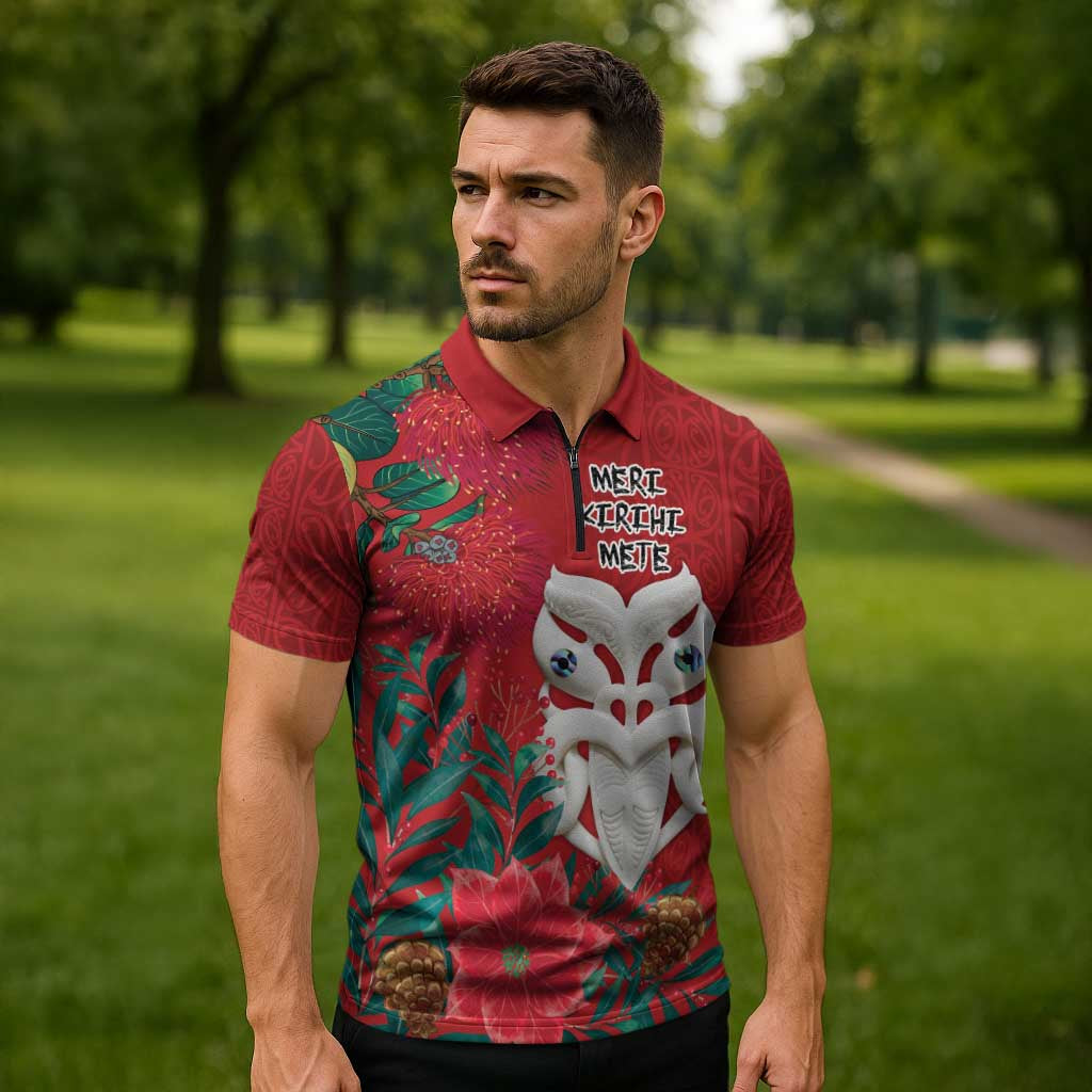 Maori Wheku Meri Kirihimete Personalised Zipper Polo Shirt All Red Indigenous Maori Motif - Aussie Hoodie