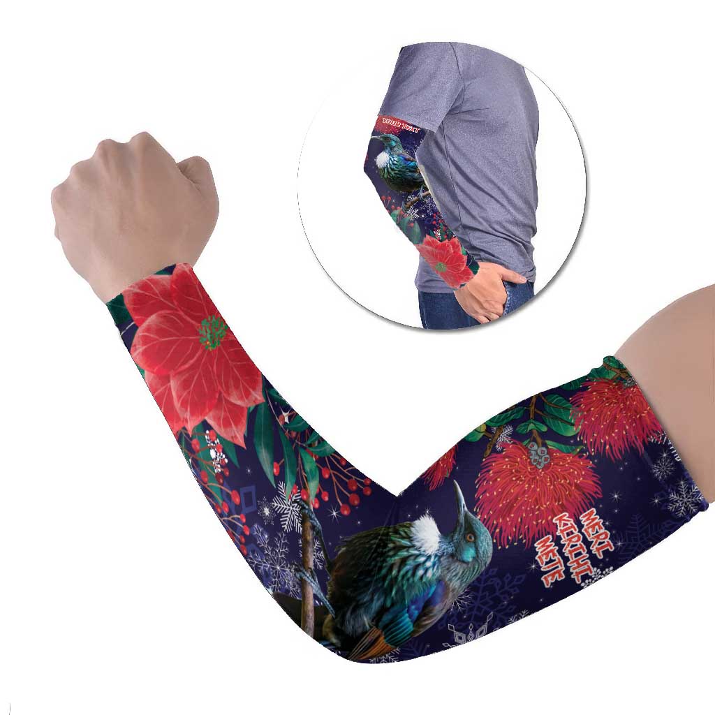 Tui Meri Kirihimete Personalised Arm Sleeves Pohutukawa Flowers Blue Motif - Aussie Hoodie