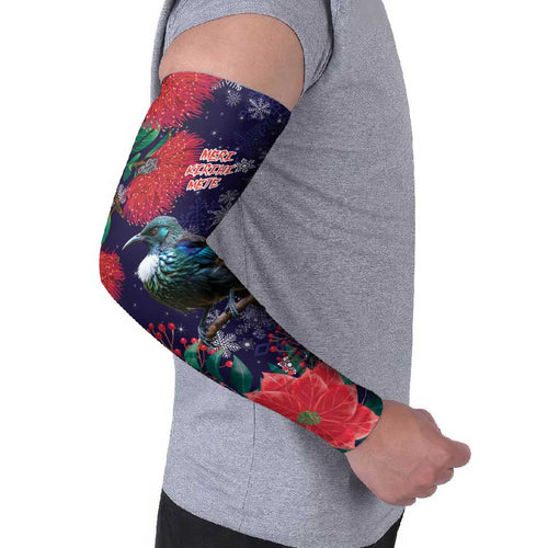 Tui Meri Kirihimete Personalised Arm Sleeves Pohutukawa Flowers Blue Motif - Aussie Hoodie