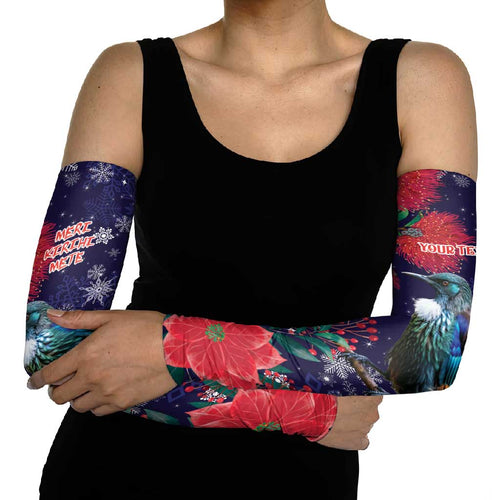 Tui Meri Kirihimete Personalised Arm Sleeves Pohutukawa Flowers Blue Motif - Aussie Hoodie