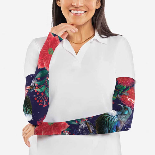 Tui Meri Kirihimete Personalised Arm Sleeves Pohutukawa Flowers Blue Motif - Aussie Hoodie