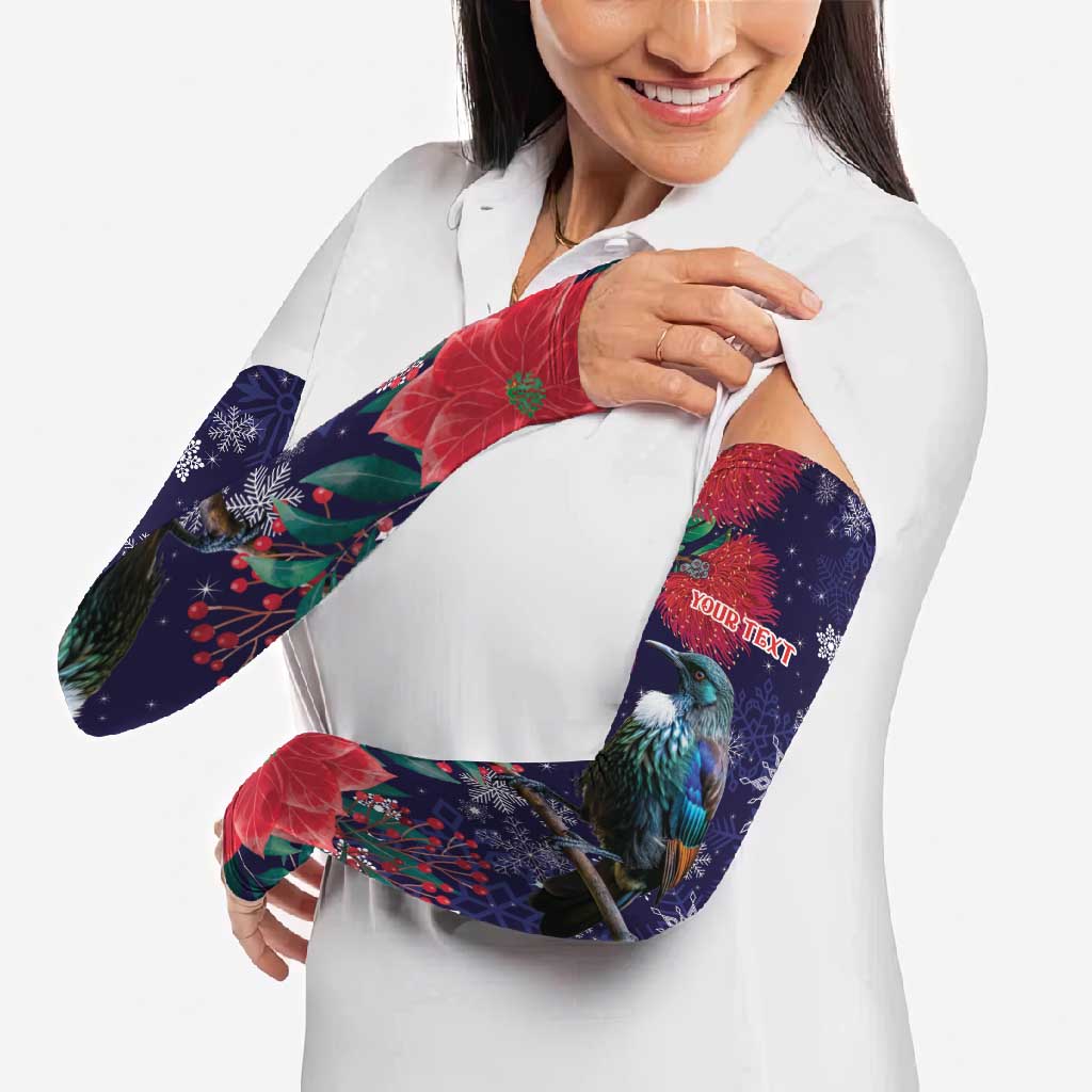 Tui Meri Kirihimete Personalised Arm Sleeves Pohutukawa Flowers Blue Motif - Aussie Hoodie