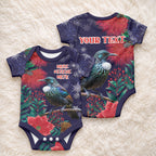 Tui Meri Kirihimete Personalised Baby Onesie Pohutukawa Flowers Blue Motif