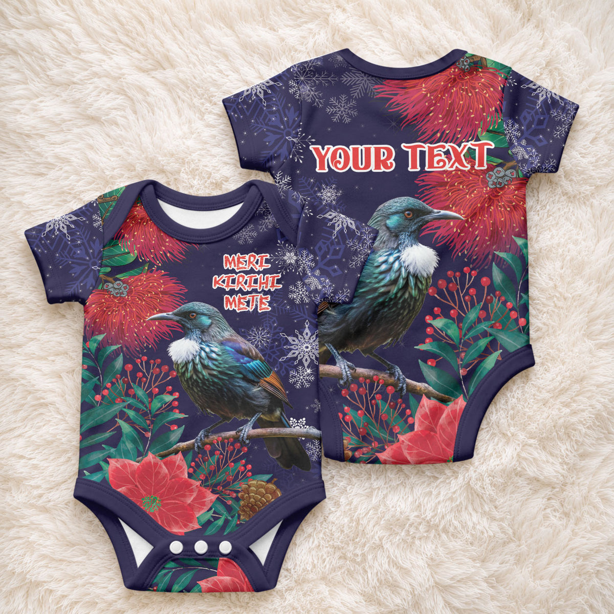 Tui Meri Kirihimete Personalised Baby Onesie Pohutukawa Flowers Blue Motif