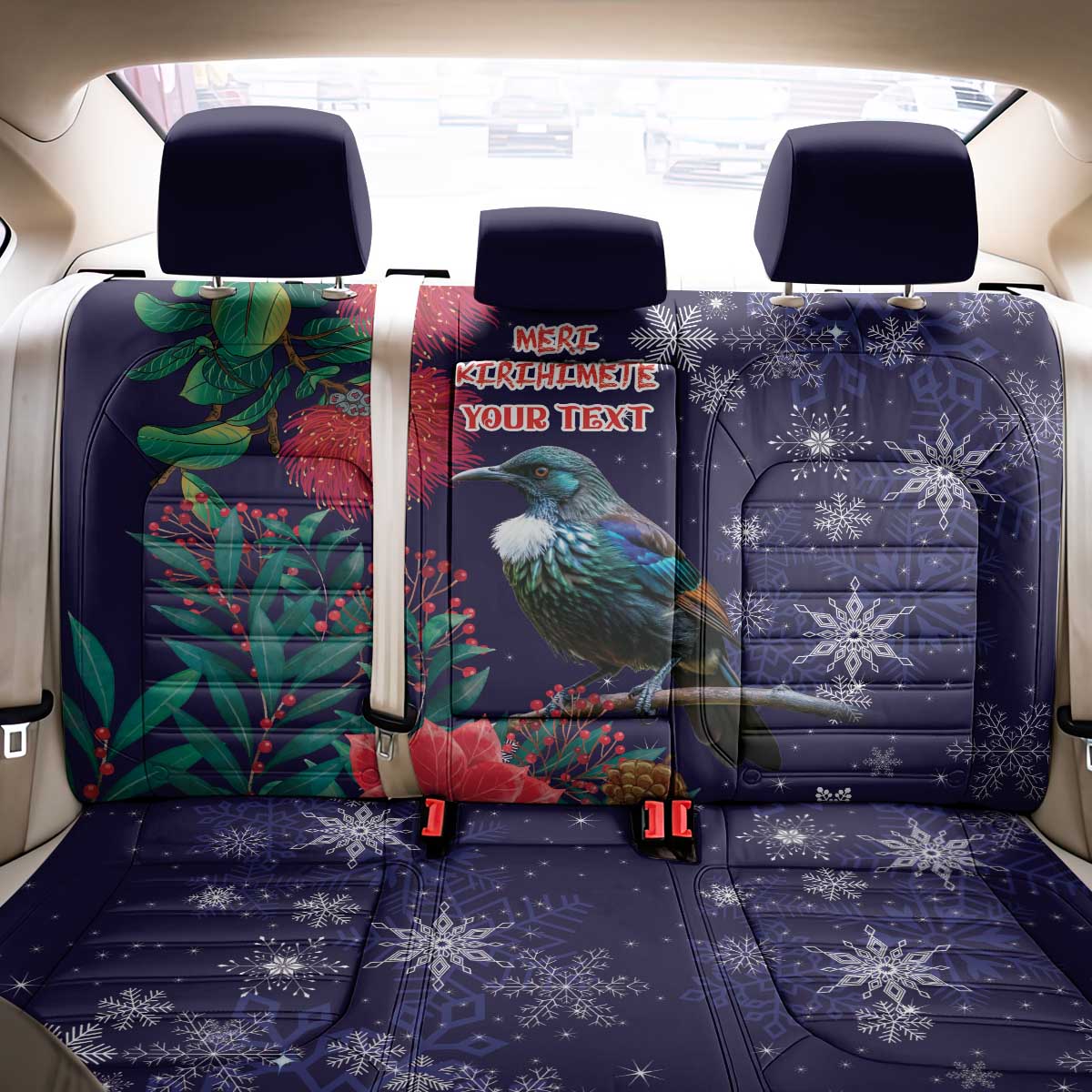 Tui Meri Kirihimete Personalised Back Car Seat Cover Pohutukawa Flowers Blue Motif - Aussie Hoodie