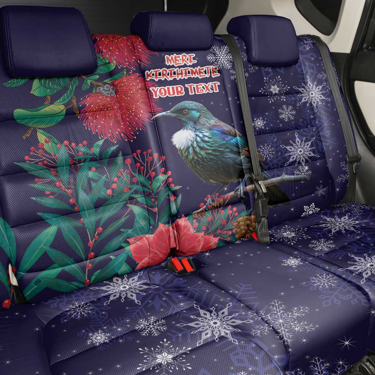 Tui Meri Kirihimete Personalised Back Car Seat Cover Pohutukawa Flowers Blue Motif - Aussie Hoodie