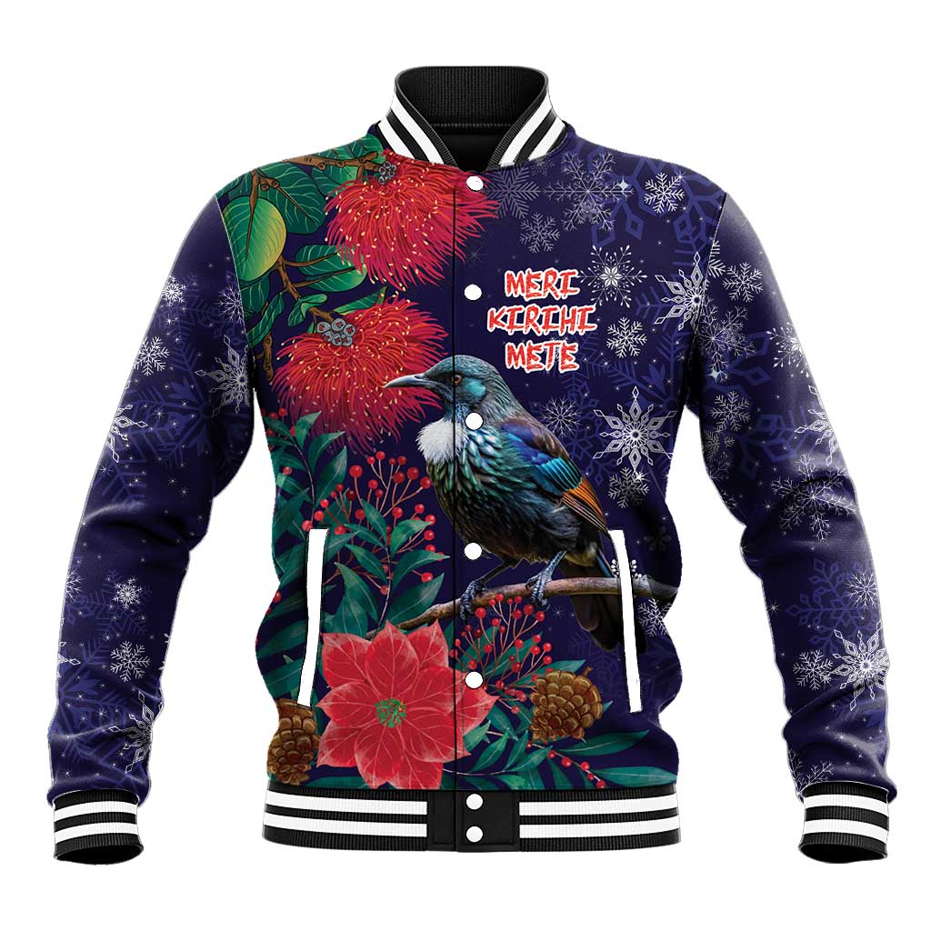 Tui Meri Kirihimete Personalised Baseball Jacket Pohutukawa Flowers Blue Motif - Aussie Hoodie