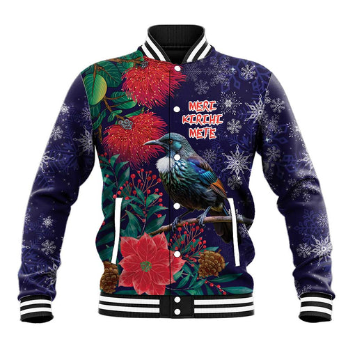 Tui Meri Kirihimete Personalised Baseball Jacket Pohutukawa Flowers Blue Motif - Aussie Hoodie