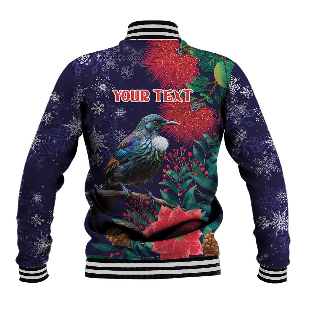 Tui Meri Kirihimete Personalised Baseball Jacket Pohutukawa Flowers Blue Motif - Aussie Hoodie