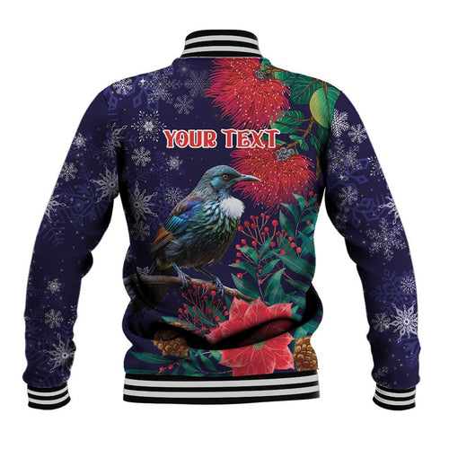 Tui Meri Kirihimete Personalised Baseball Jacket Pohutukawa Flowers Blue Motif - Aussie Hoodie