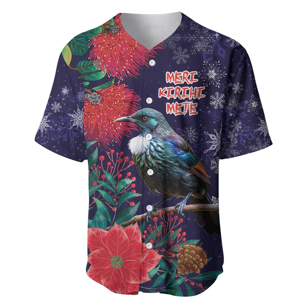Tui Meri Kirihimete Personalised Baseball Jersey Pohutukawa Flowers Blue Motif - Aussie Hoodie
