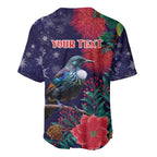 Tui Meri Kirihimete Personalised Baseball Jersey Pohutukawa Flowers Blue Motif - Aussie Hoodie