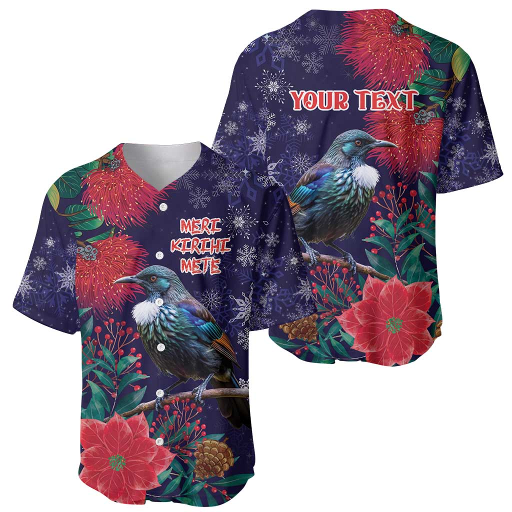 Tui Meri Kirihimete Personalised Baseball Jersey Pohutukawa Flowers Blue Motif - Aussie Hoodie