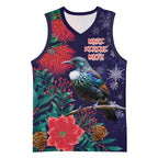 Tui Meri Kirihimete Personalised Basketball Jersey Pohutukawa Flowers Blue Motif - Aussie Hoodie