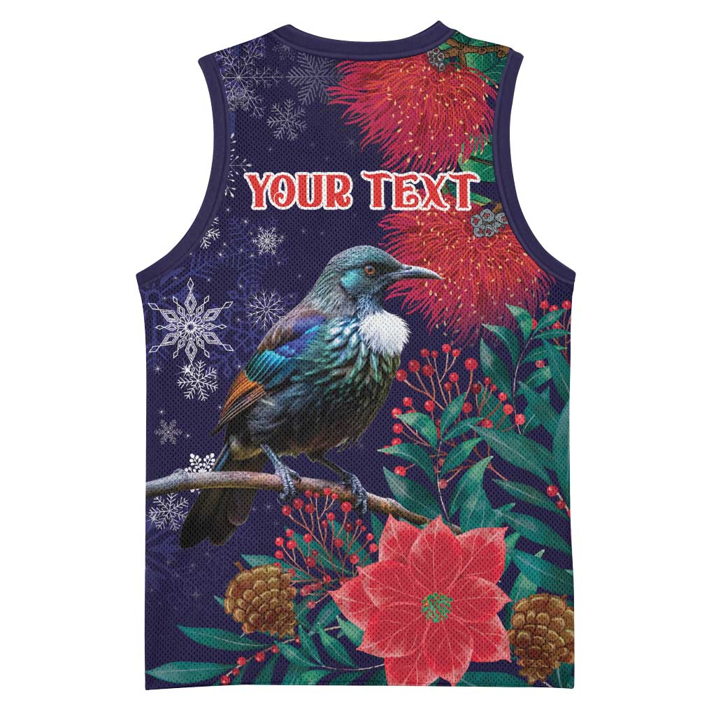 Tui Meri Kirihimete Personalised Basketball Jersey Pohutukawa Flowers Blue Motif - Aussie Hoodie