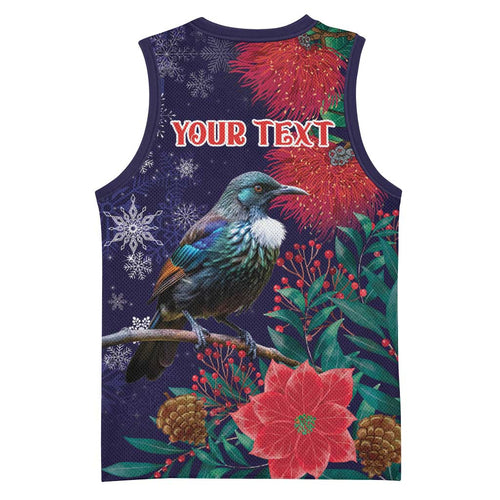 Tui Meri Kirihimete Personalised Basketball Jersey Pohutukawa Flowers Blue Motif - Aussie Hoodie