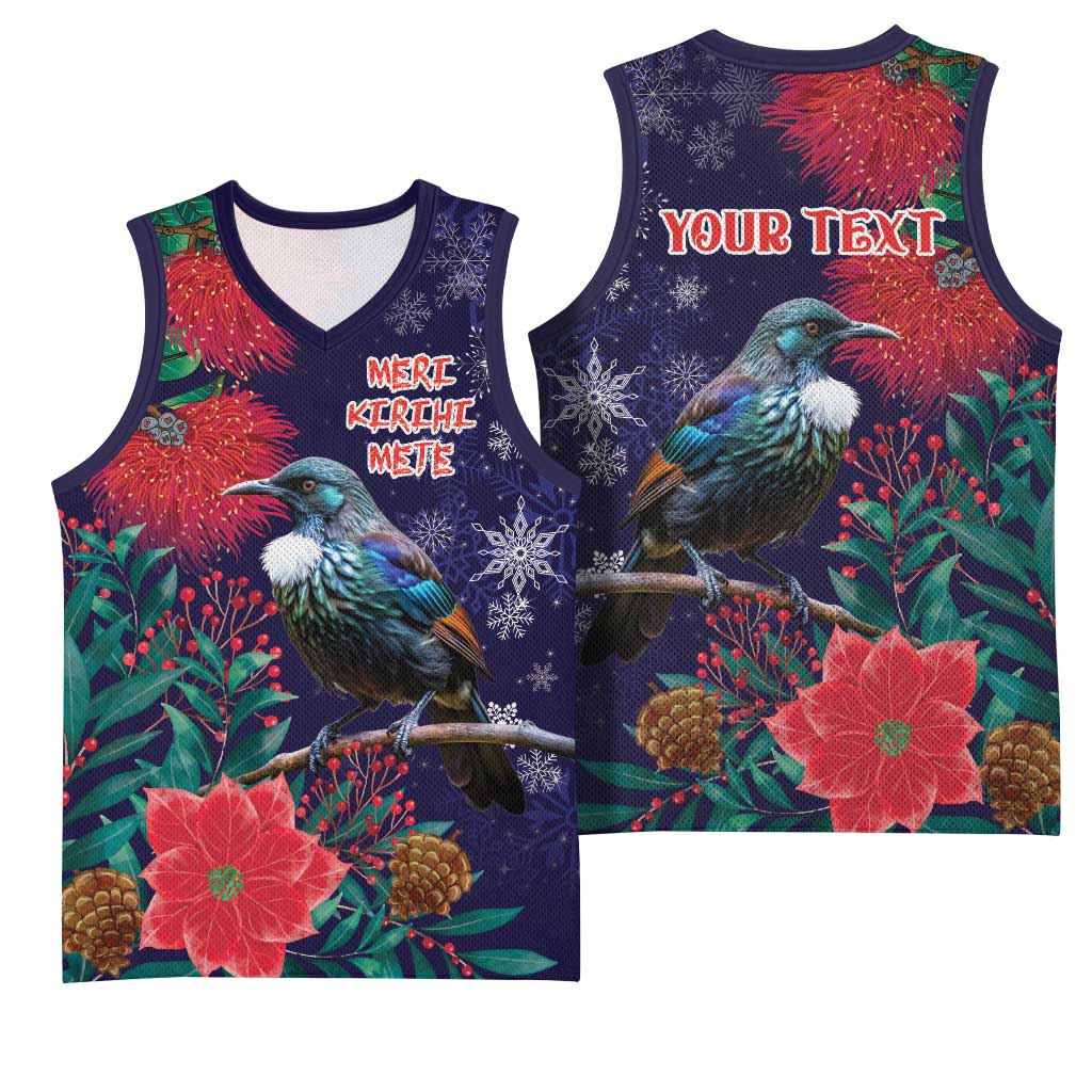 Tui Meri Kirihimete Personalised Basketball Jersey Pohutukawa Flowers Blue Motif - Aussie Hoodie