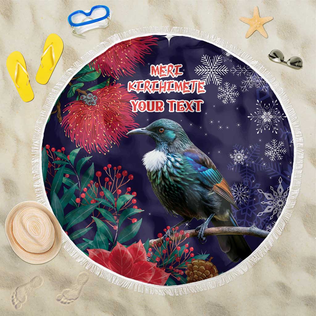 Tui Meri Kirihimete Personalised Beach Blanket Pohutukawa Flowers Blue Motif - Aussie Hoodie