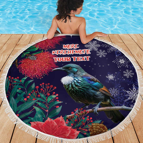 Tui Meri Kirihimete Personalised Beach Blanket Pohutukawa Flowers Blue Motif - Aussie Hoodie
