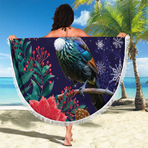 Tui Meri Kirihimete Personalised Beach Blanket Pohutukawa Flowers Blue Motif - Aussie Hoodie