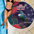 Tui Meri Kirihimete Personalised Beach Blanket Pohutukawa Flowers Blue Motif - Aussie Hoodie