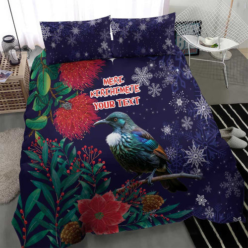 Tui Meri Kirihimete Personalised Bedding Set Pohutukawa Flowers Blue Motif - Aussie Hoodie