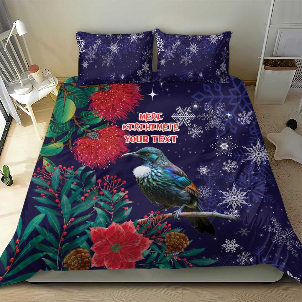 Tui Meri Kirihimete Personalised Bedding Set Pohutukawa Flowers Blue Motif - Aussie Hoodie