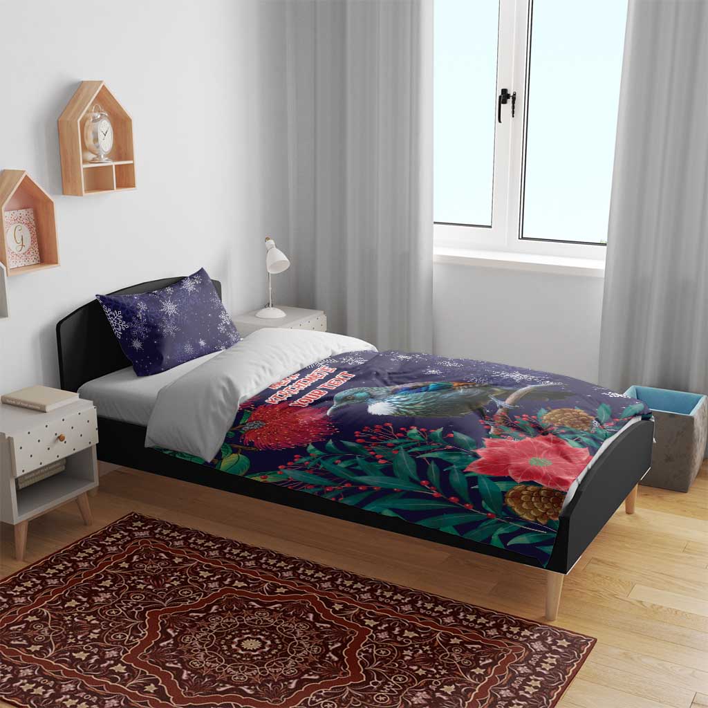 Tui Meri Kirihimete Personalised Bedding Set Pohutukawa Flowers Blue Motif - Aussie Hoodie