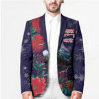 Tui Meri Kirihimete Personalised Blazer Pohutukawa Flowers Blue Motif - Aussie Hoodie