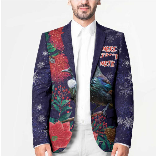 Tui Meri Kirihimete Personalised Blazer Pohutukawa Flowers Blue Motif - Aussie Hoodie