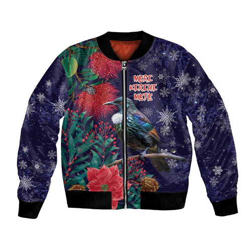 Tui Meri Kirihimete Personalised Bomber Jacket Pohutukawa Flowers Blue Motif - Aussie Hoodie