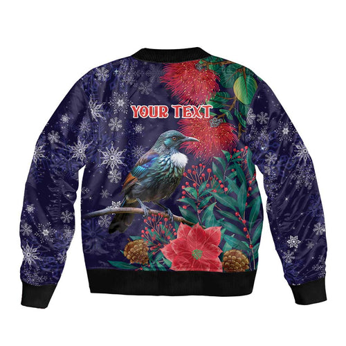 Tui Meri Kirihimete Personalised Bomber Jacket Pohutukawa Flowers Blue Motif - Aussie Hoodie