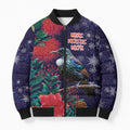 Tui Meri Kirihimete Personalised Bomber Puffer Jacket Pohutukawa Flowers Blue Motif - Aussie Hoodie