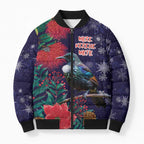 Tui Meri Kirihimete Personalised Bomber Puffer Jacket Pohutukawa Flowers Blue Motif - Aussie Hoodie