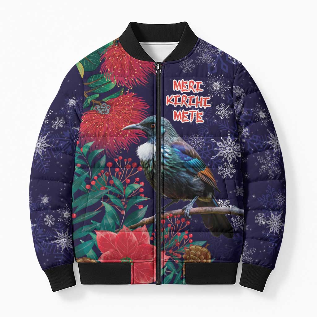 Tui Meri Kirihimete Personalised Bomber Puffer Jacket Pohutukawa Flowers Blue Motif - Aussie Hoodie
