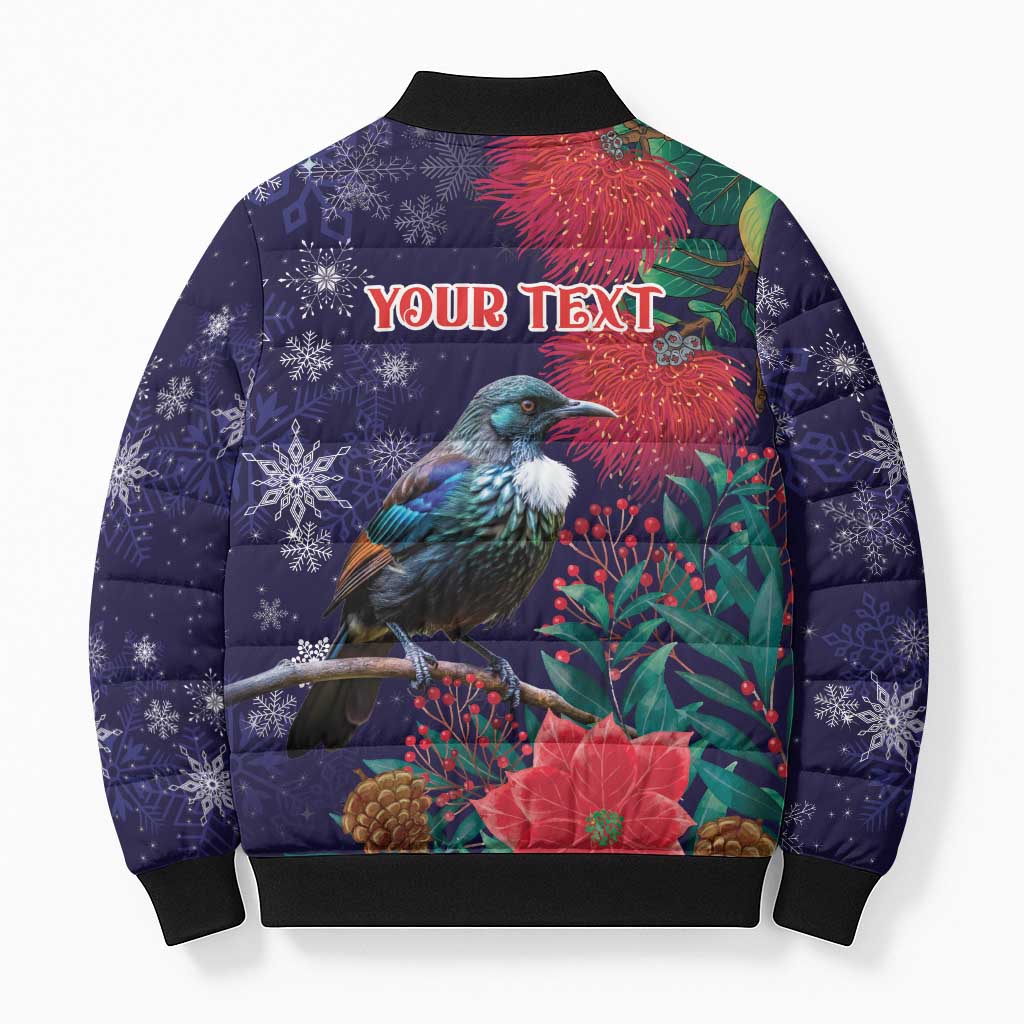 Tui Meri Kirihimete Personalised Bomber Puffer Jacket Pohutukawa Flowers Blue Motif - Aussie Hoodie
