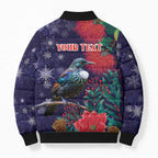 Tui Meri Kirihimete Personalised Bomber Puffer Jacket Pohutukawa Flowers Blue Motif - Aussie Hoodie