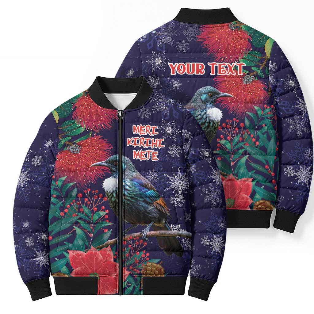 Tui Meri Kirihimete Personalised Bomber Puffer Jacket Pohutukawa Flowers Blue Motif - Aussie Hoodie