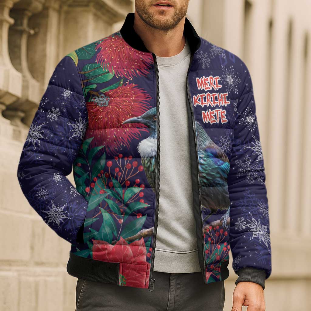 Tui Meri Kirihimete Personalised Bomber Puffer Jacket Pohutukawa Flowers Blue Motif - Aussie Hoodie