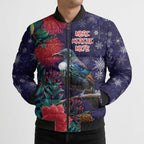 Tui Meri Kirihimete Personalised Bomber Puffer Jacket Pohutukawa Flowers Blue Motif - Aussie Hoodie