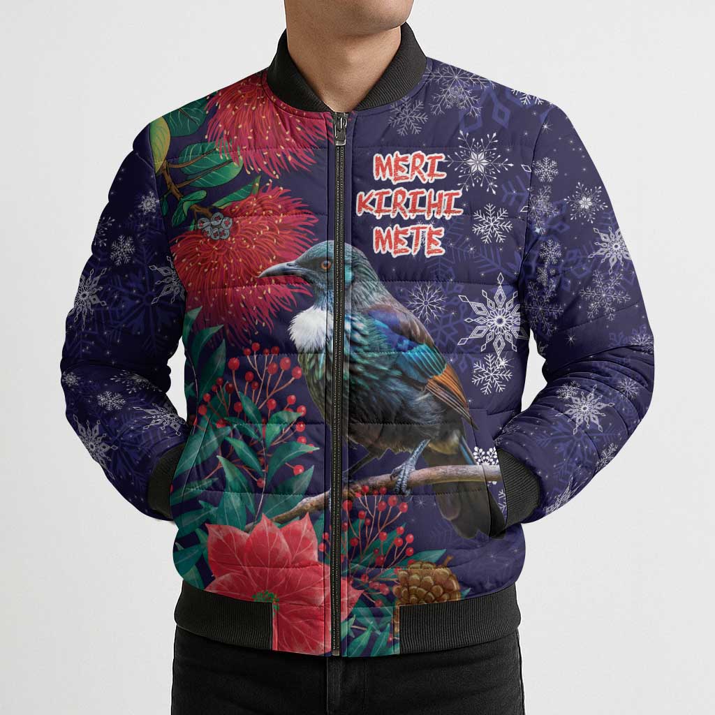 Tui Meri Kirihimete Personalised Bomber Puffer Jacket Pohutukawa Flowers Blue Motif - Aussie Hoodie