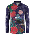 Tui Meri Kirihimete Personalised Button Sweatshirt Pohutukawa Flowers Blue Motif - Aussie Hoodie