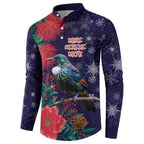 Tui Meri Kirihimete Personalised Button Sweatshirt Pohutukawa Flowers Blue Motif - Aussie Hoodie