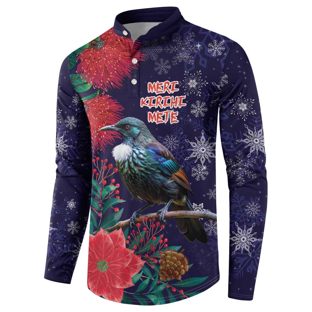 Tui Meri Kirihimete Personalised Button Sweatshirt Pohutukawa Flowers Blue Motif - Aussie Hoodie